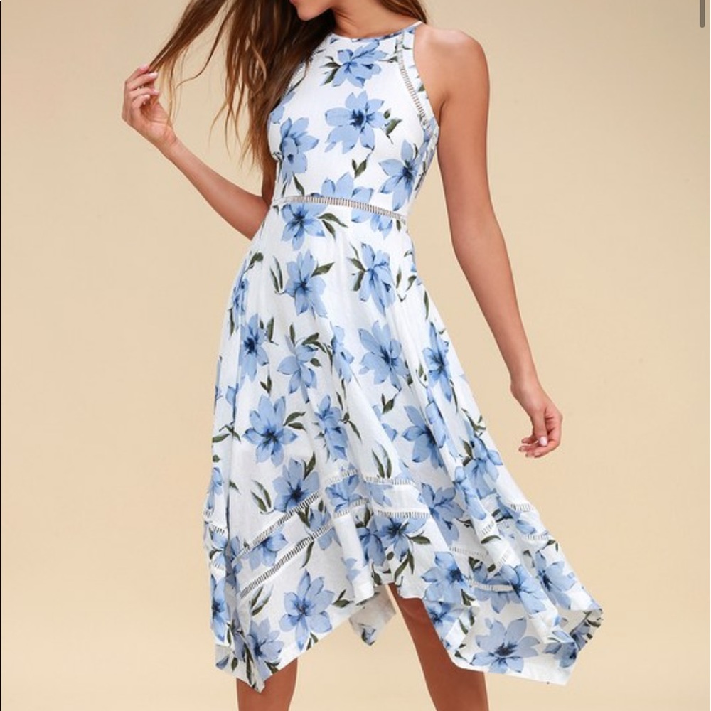 Zahara Blue and White Floral Print Midi Dress